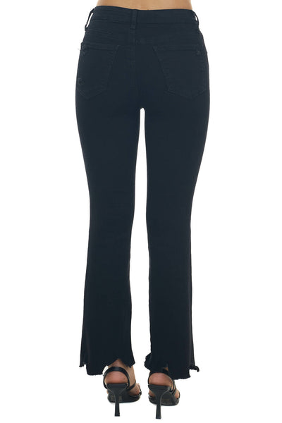 Black Mid Rise Flare Jeans with Distressing and Raw Hem