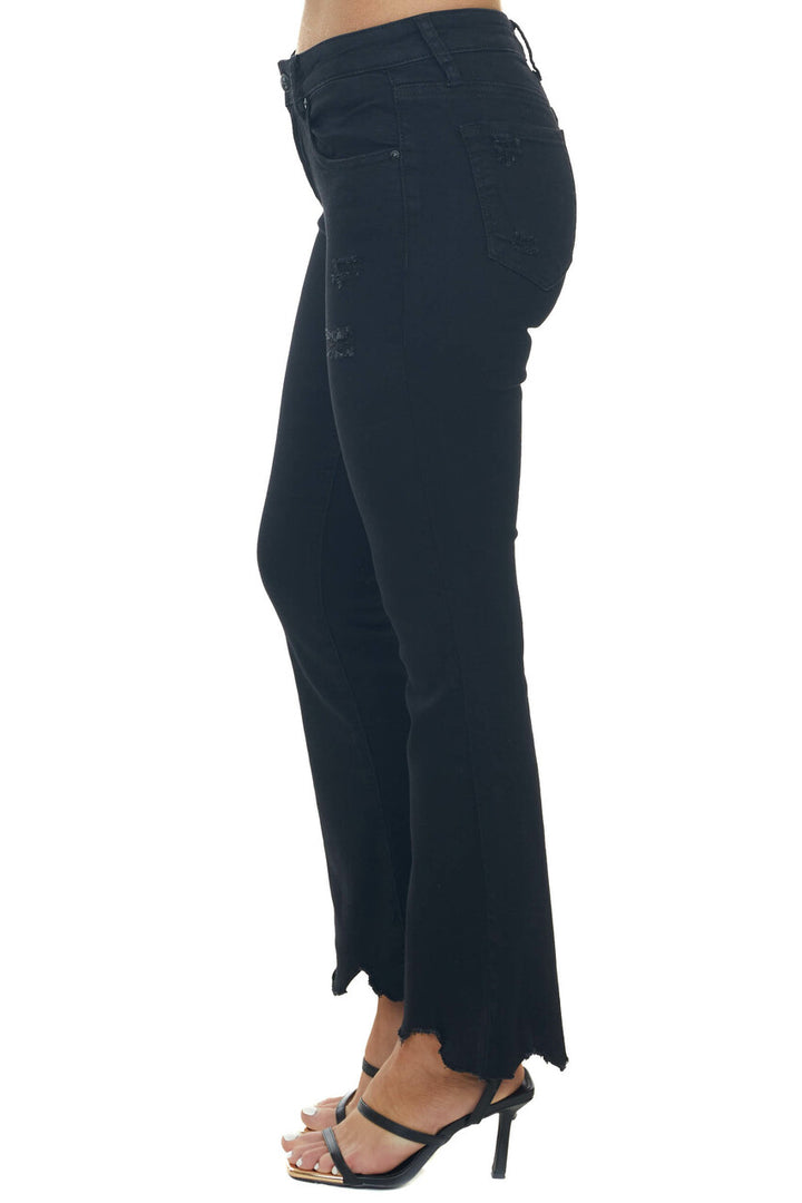 Black Mid Rise Flare Jeans with Distressing and Raw Hem