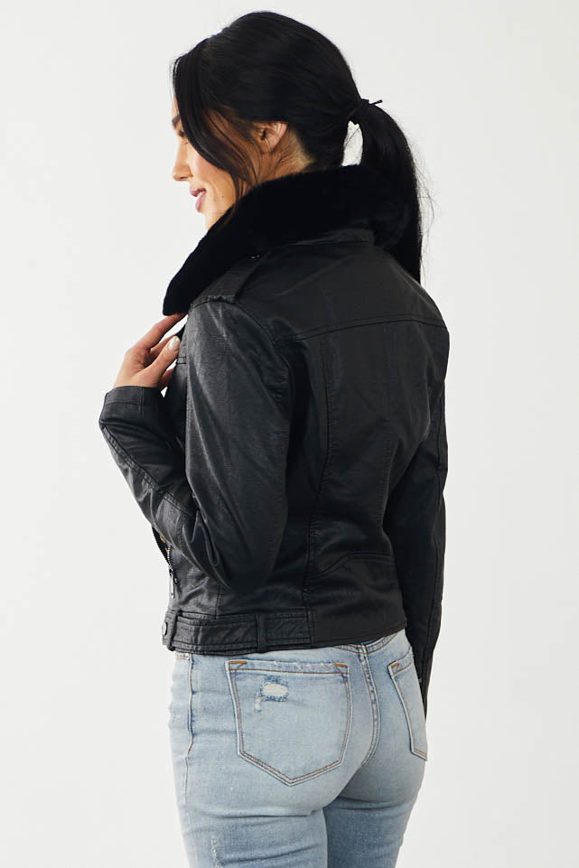 Black Moto Jacket with Faux Fur Collar