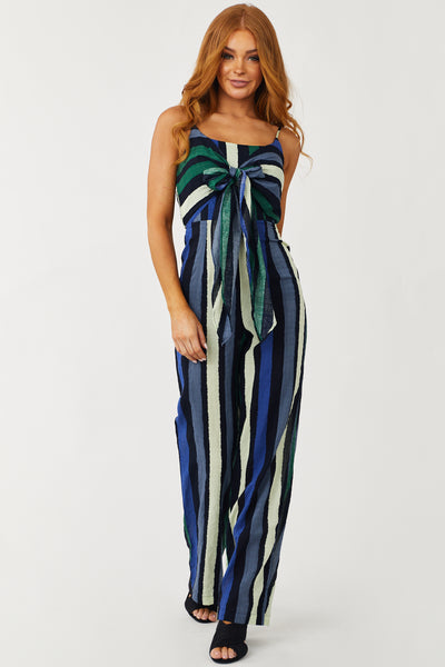 Black Multicolored Stripe Front Tie Jumpsuit