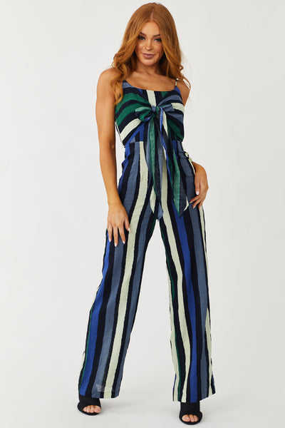 Black Multicolored Stripe Front Tie Jumpsuit