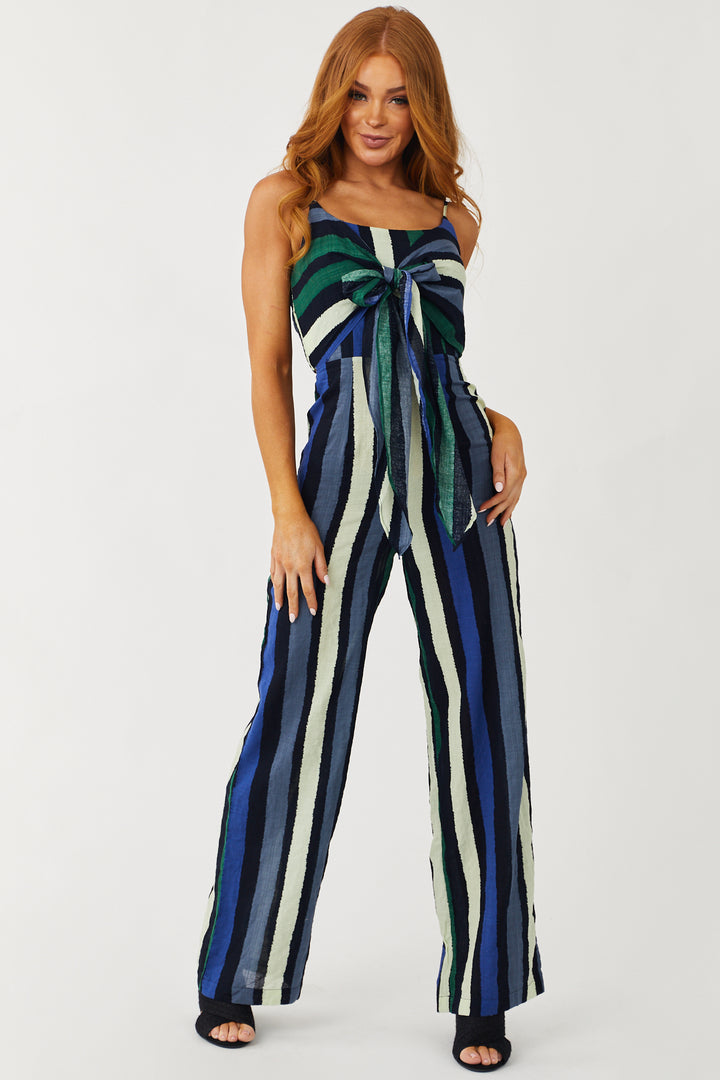 Black Multicolored Stripe Front Tie Jumpsuit