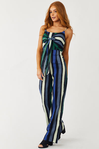Black Multicolored Stripe Front Tie Jumpsuit