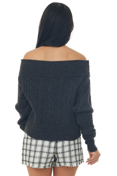 Black Off the Shoulder Cable Knit Sweater