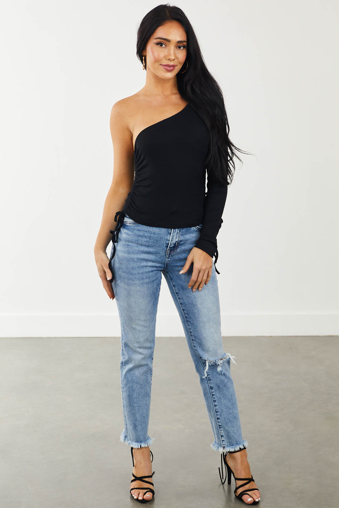 Black One Shoulder Knit Top with Ruched Sides