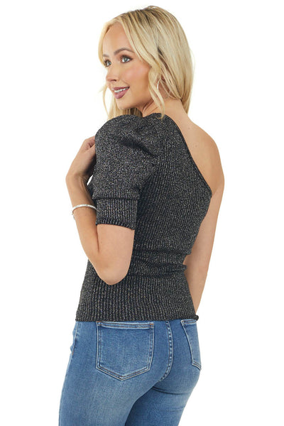 Black One Shoulder Metallic Threading Detail Top