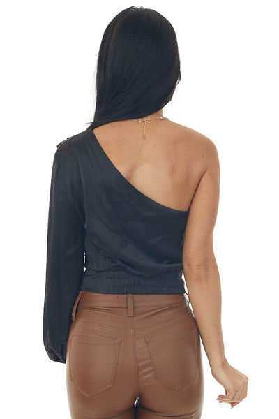Black One Shoulder Satin Crop Blouse with Lace