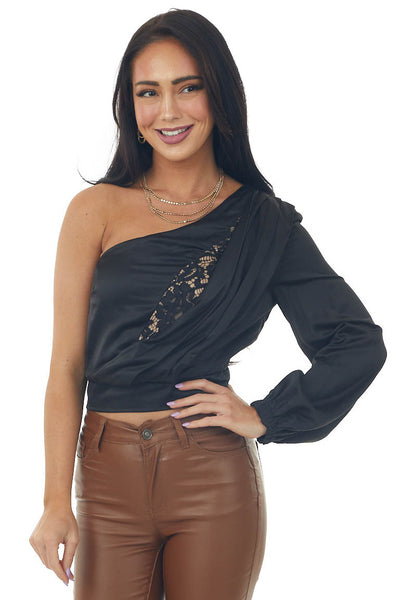 Black One Shoulder Satin Crop Blouse with Lace