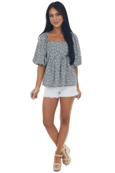 Black Plaid Bubble Sleeve Babydoll Blouse
