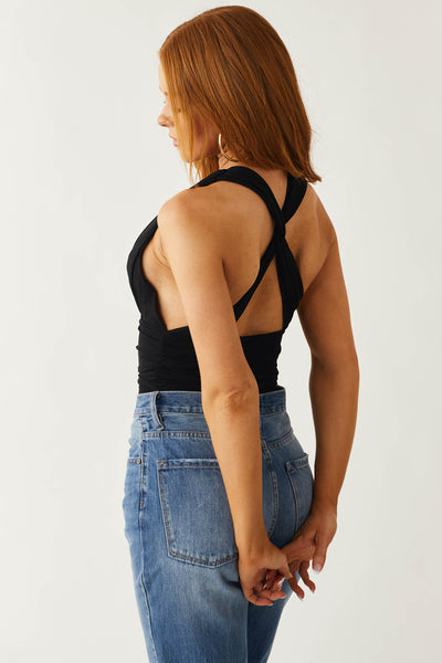 Black Plunging V Neck Twisted Back Bodysuit