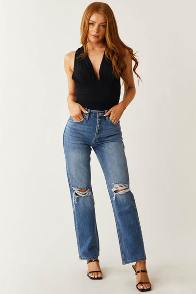 Black Plunging V Neck Twisted Back Bodysuit