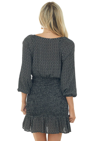 Black Printed Surplice Smocked Woven Short Dress