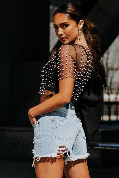 Black Rhinestone and Pearl Embellished Mesh Top