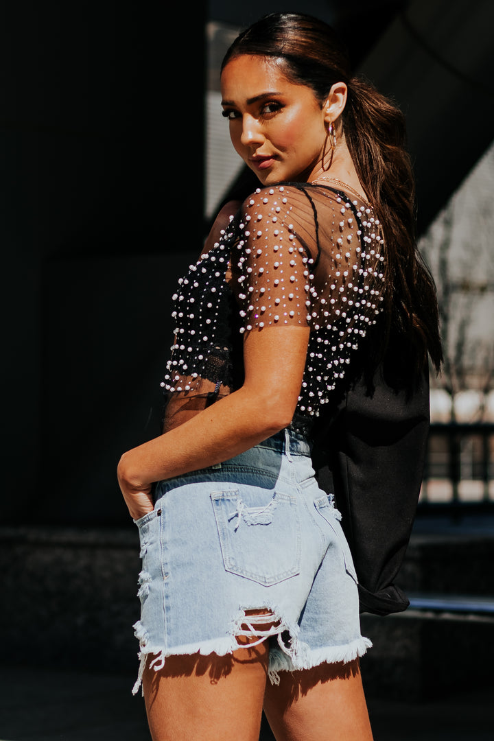 Black Rhinestone and Pearl Embellished Mesh Top