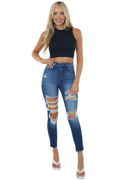 Black Ribbed Knit Cropped Tank Top with Back Tie