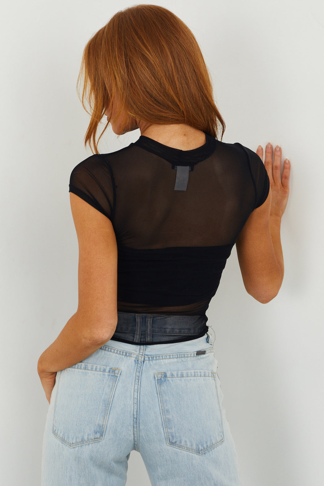 Black Ruched Side Sheer Mesh Fitted Top