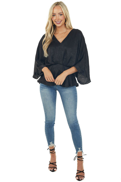 Black Satin Flowy Drop Waist Blouse with V Neckline