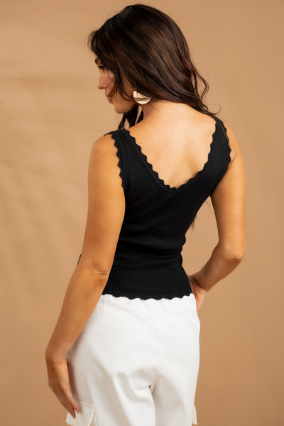 Black Scalloped Trim V Neck Ribbed Tank Top