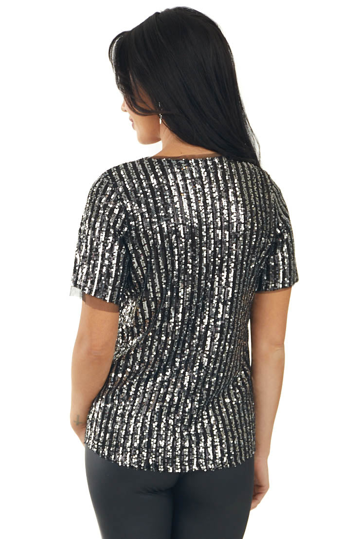 Black Short Sleeve Sequin Top with Tulle Neckline