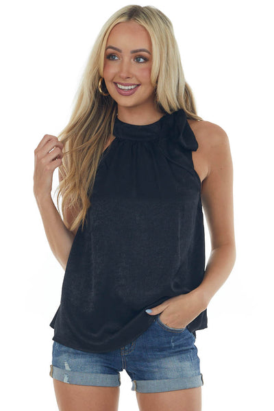 Black Side Bow Tie Halter Neck Silky Blouse
