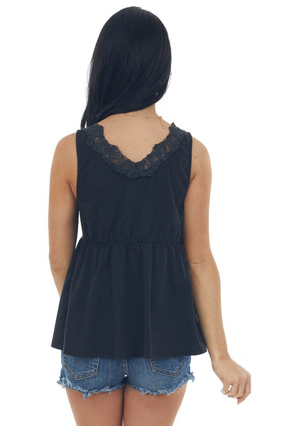 Black Sleeveless V Neck Floral Lace Knit Top
