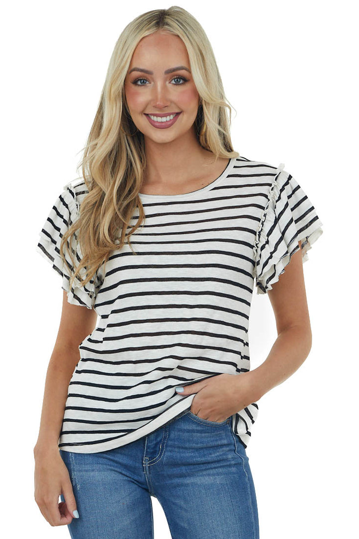 Black Striped Tiered Ruffle Sleeve Knit Top
