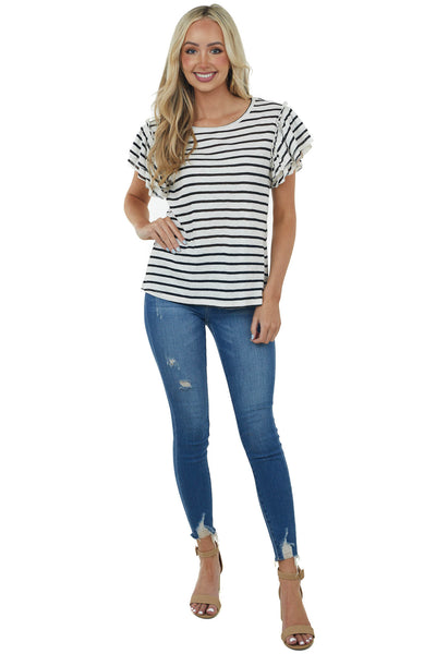Black Striped Tiered Ruffle Sleeve Knit Top