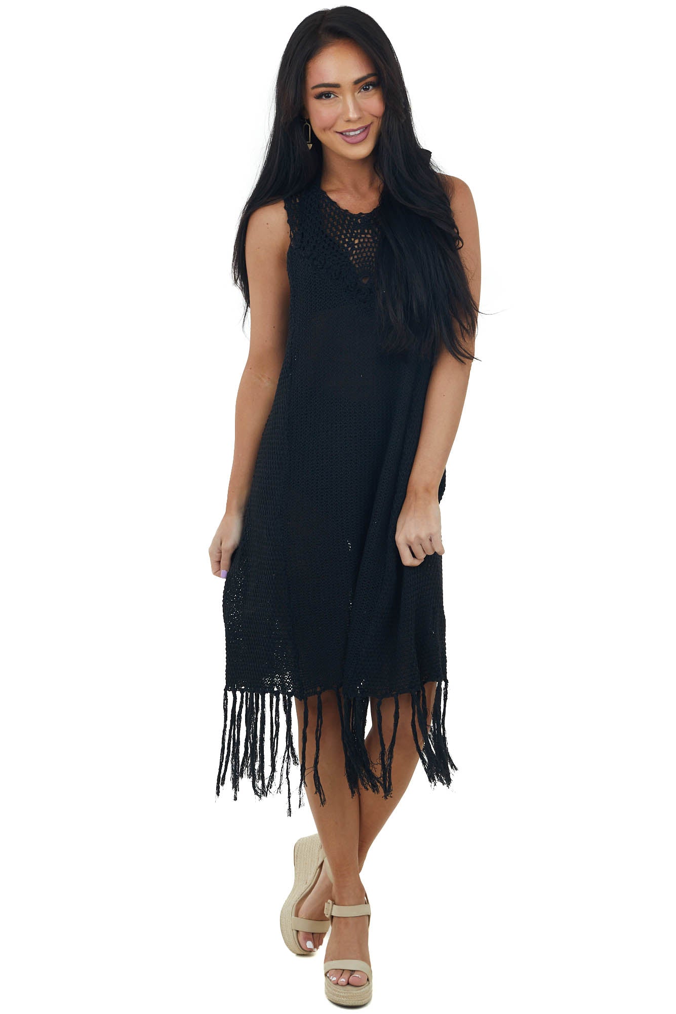 Black Tassel Hemline Crochet Knit Short Dress