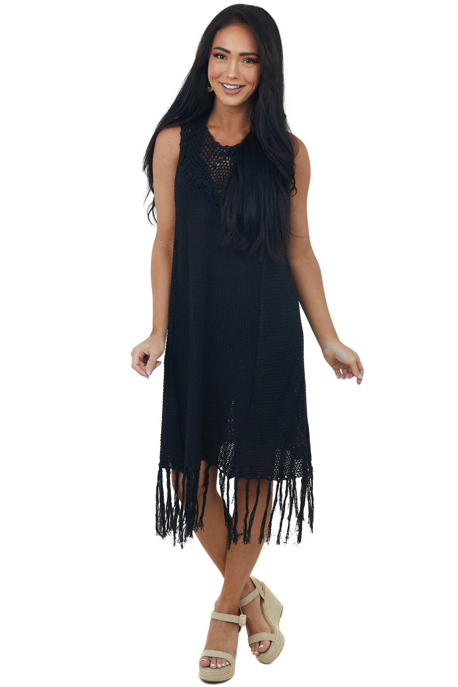 Black Tassel Hemline Crochet Knit Short Dress