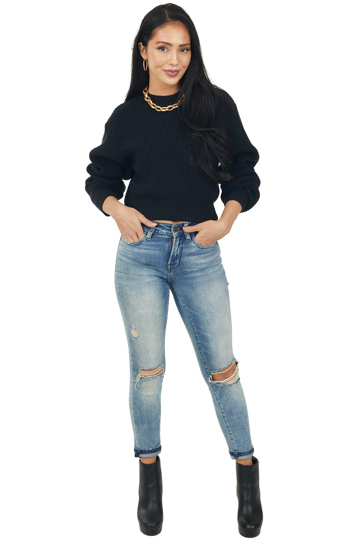 Black Thick Ribbed Cropped Sweater Top