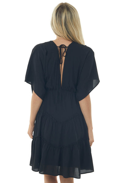 Black V Neckline Tiered Woven Short Dress