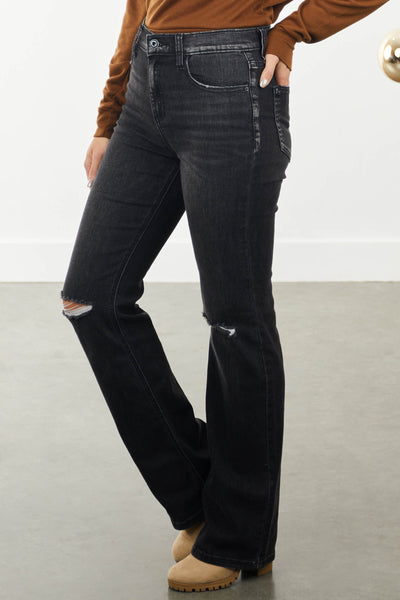 Black Washed Distressed Knee Straight Jeans