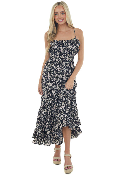 Black and Blush Floral Sleeveless Maxi Dress