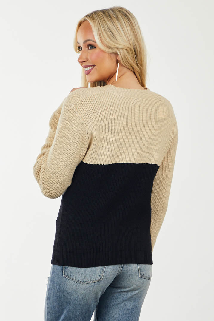 Black and Camel Colorblock Front Cut Out Sweater