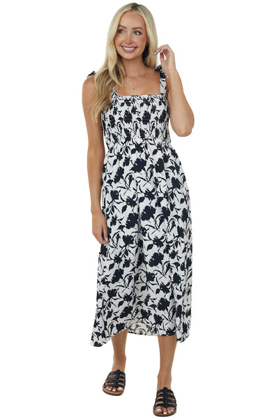 Black and Off White Printed Smocked Midi Dress