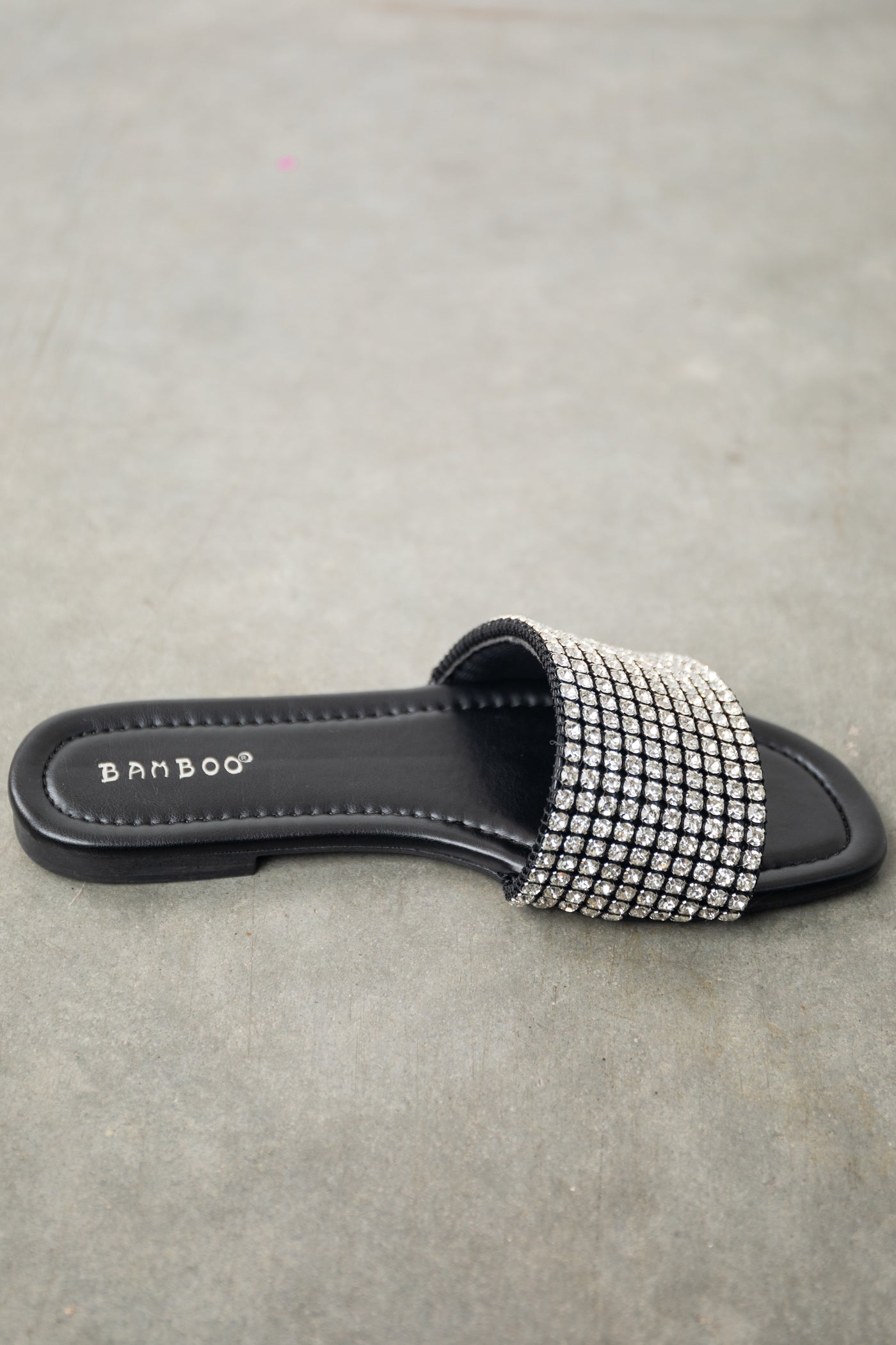 Black Faux Leather Rhinestone Slip On Sandals