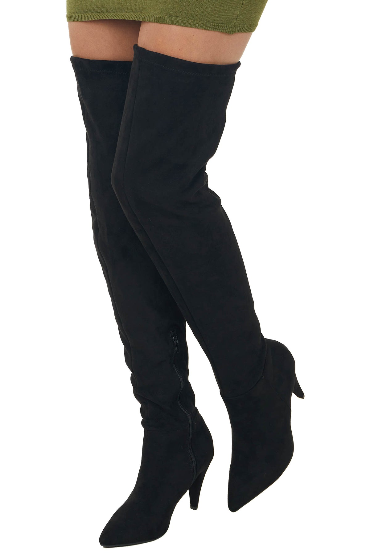 Black Faux Suede Thigh High Pointed Heel Boots | Lime Lush