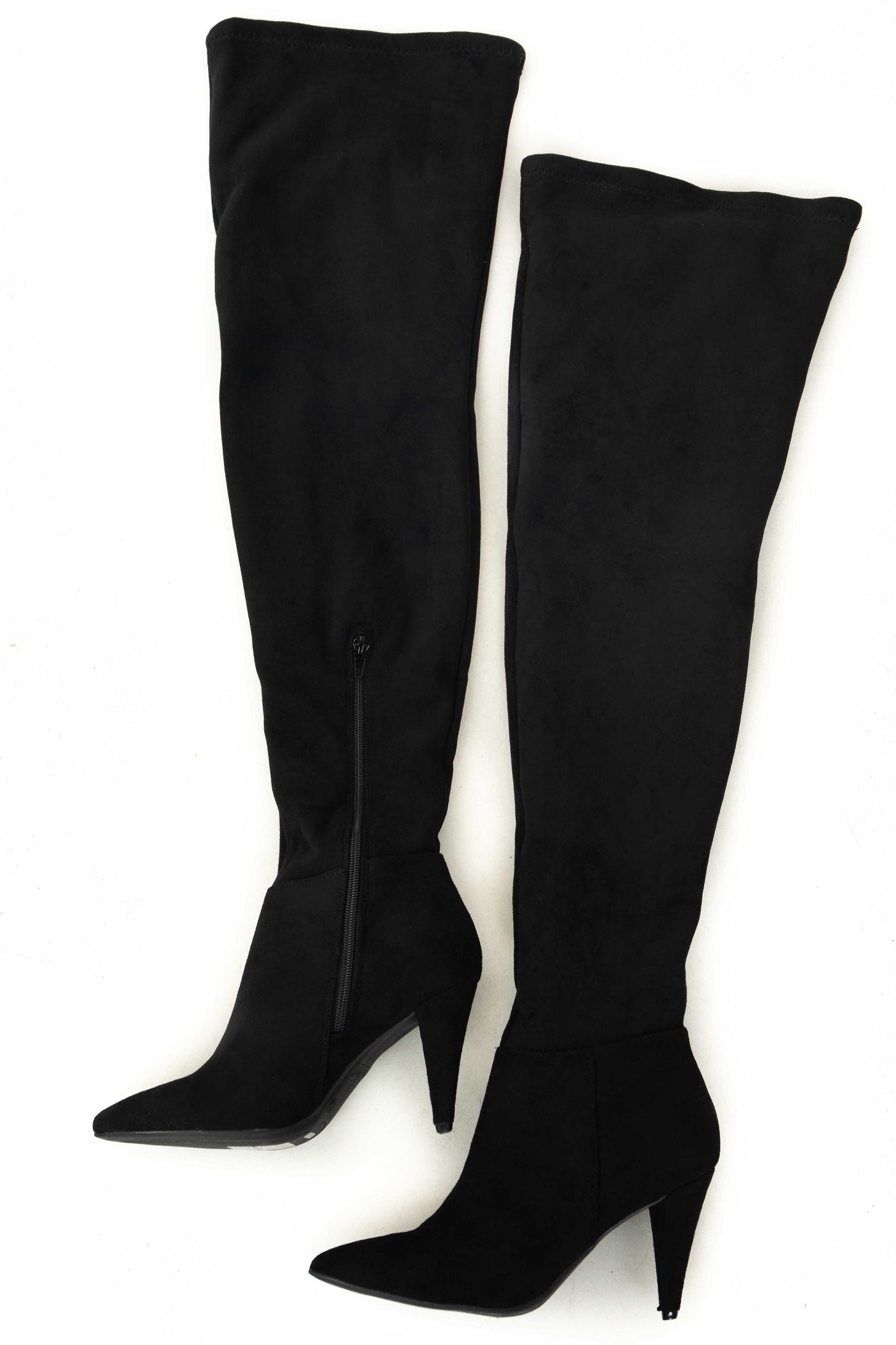 Black Faux Suede Thigh High Pointed Heel Boots