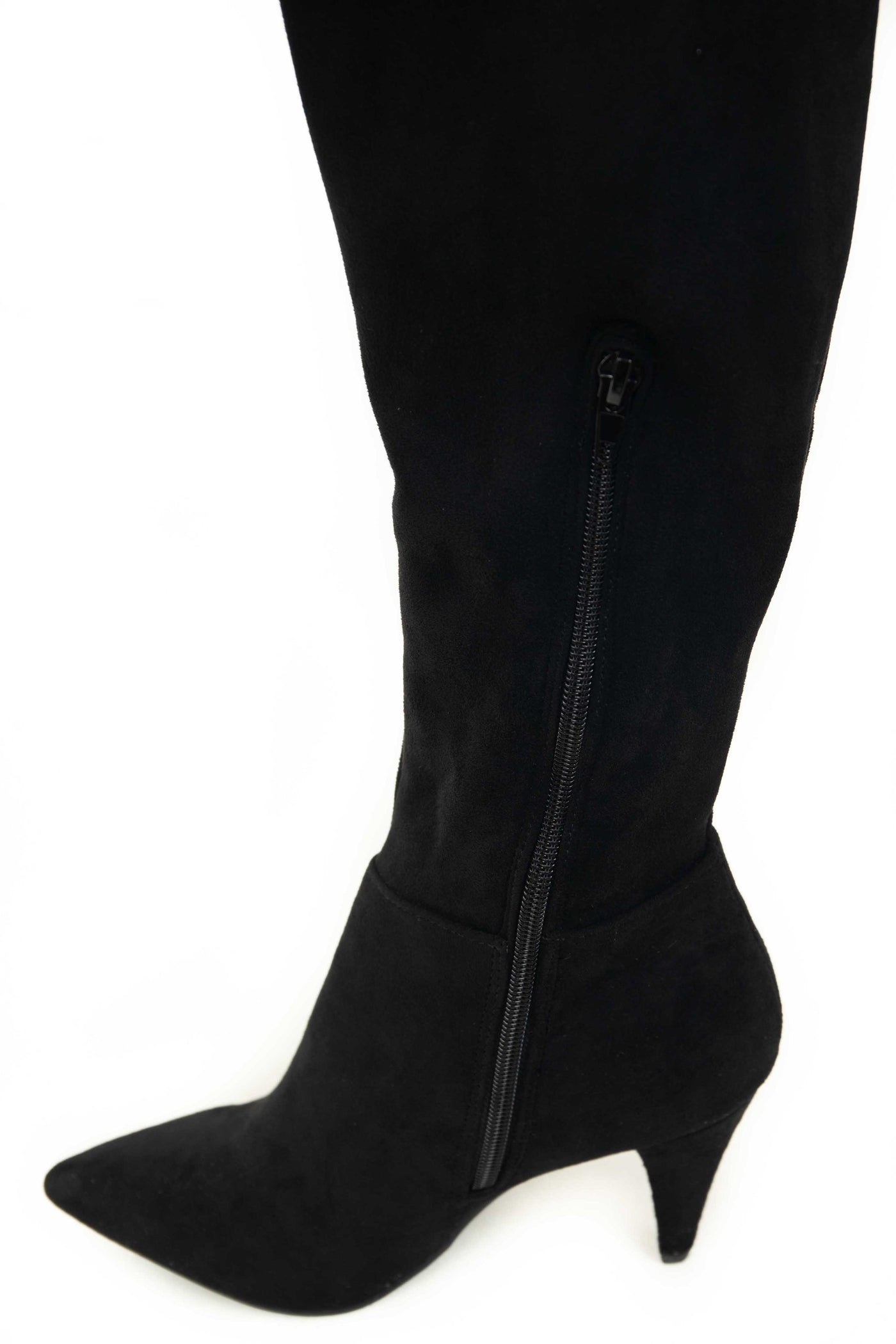 Black Faux Suede Thigh High Pointed Heel Boots