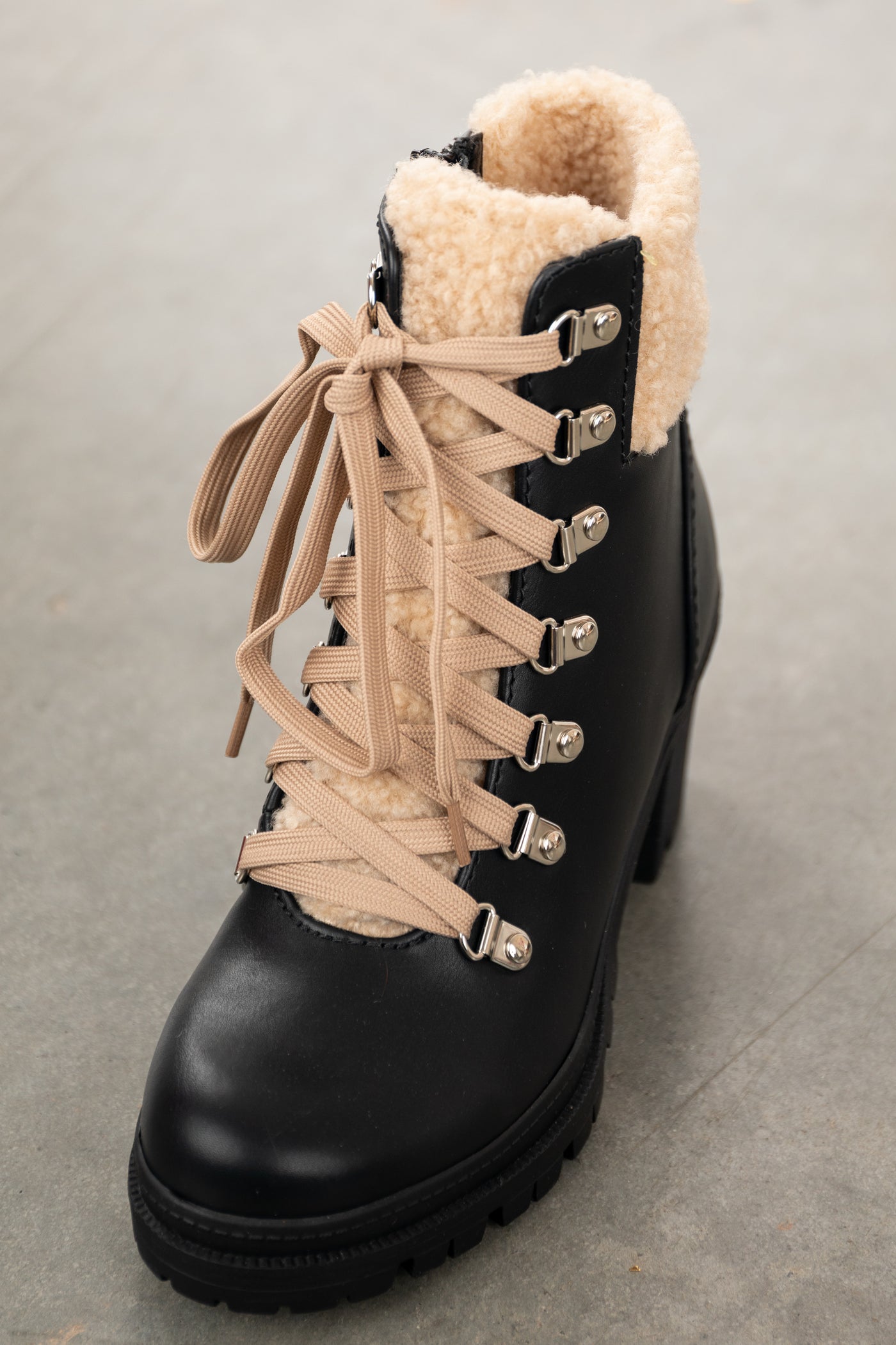 Black Lace Up Lug Boots with Faux Fur Detail