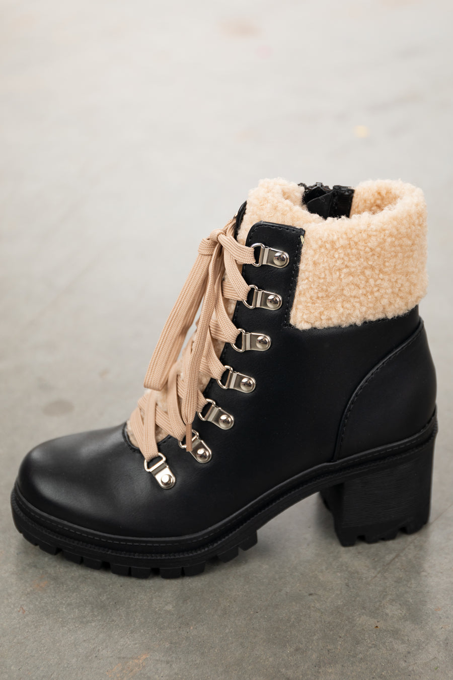 Black Lace Up Lug Boots with Faux Fur Detail