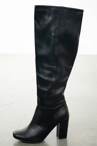 Black Pleather Square Toe High Heel Boots