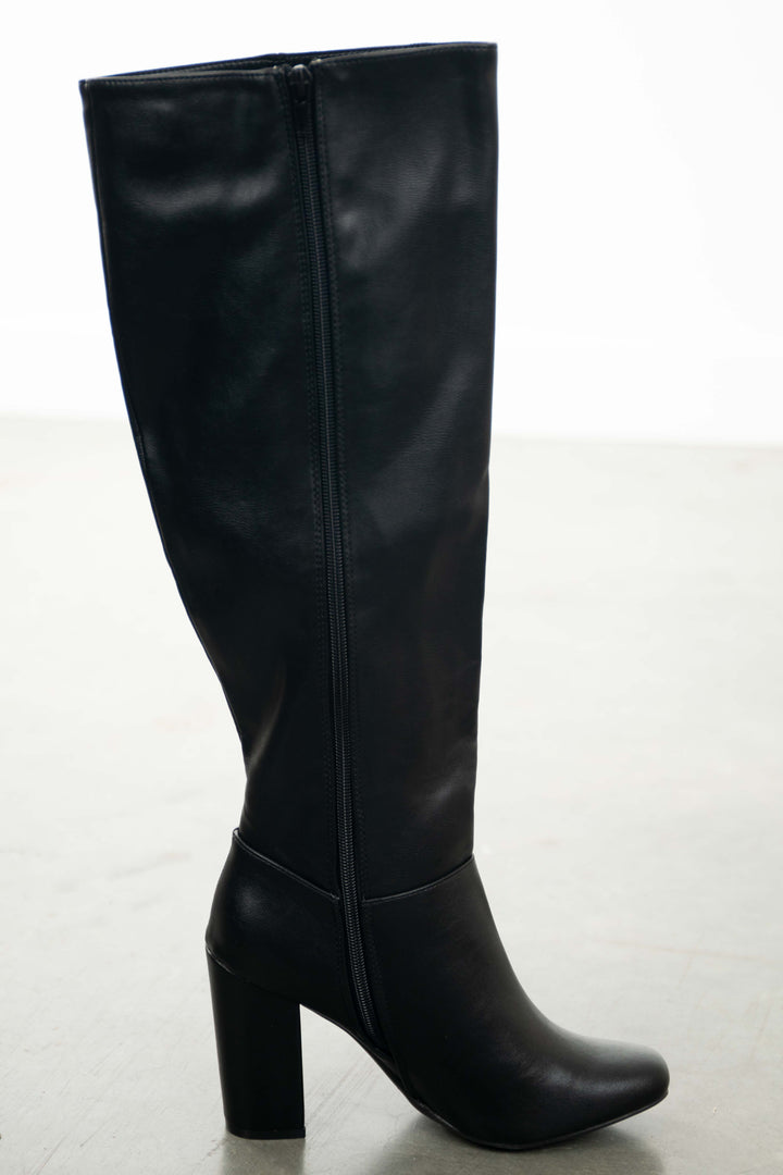 Black Pleather Square Toe High Heel Boots