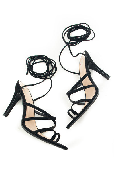 Black Strappy Stiletto Heels with Ankle Tie