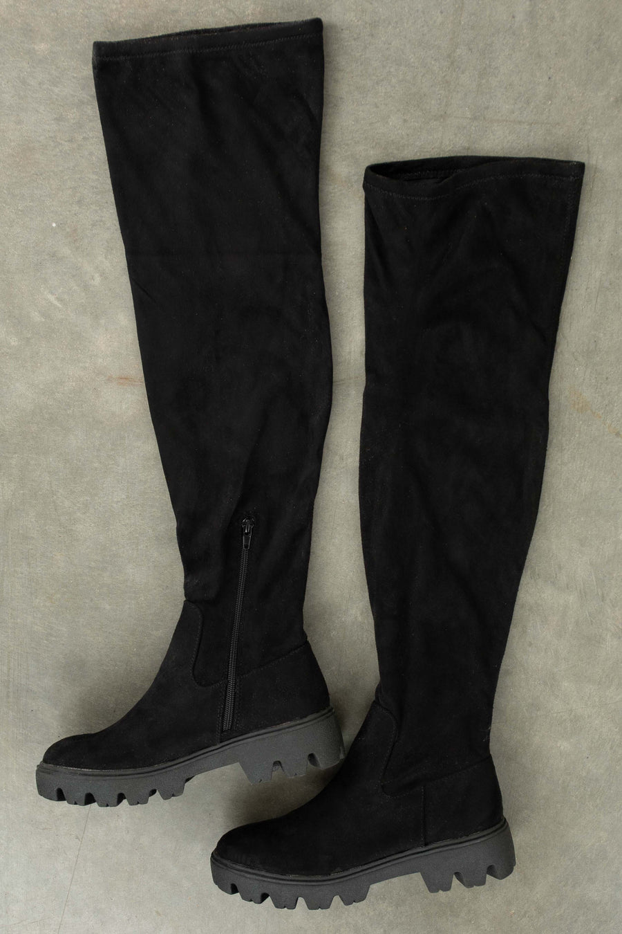 Black Suede Lug Sole Thigh High Boots