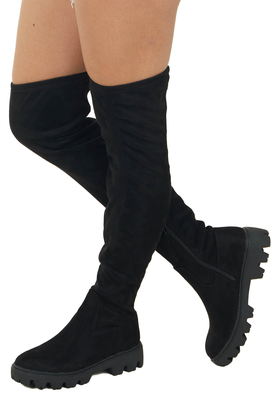 Black Suede Lug Sole Thigh High Boots