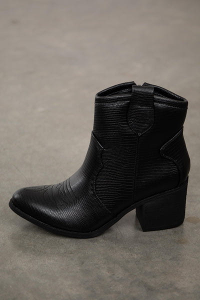 Black Textured Faux Leather Western Style Booties