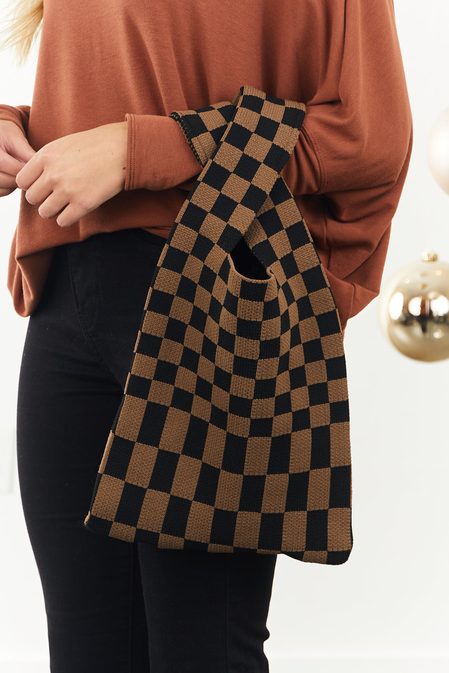 Black and Cocoa Checkered Knit Handbag
