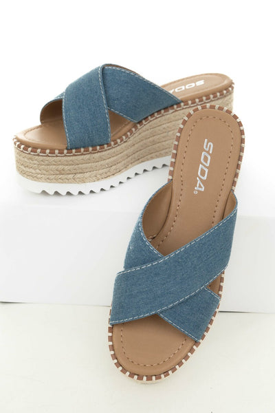 Blue Denim Strap Espadrille Platform Sandals