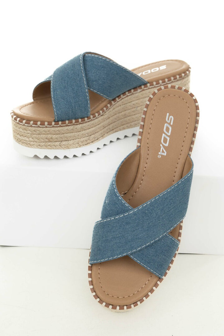 Blue Denim Strap Espadrille Platform Sandals